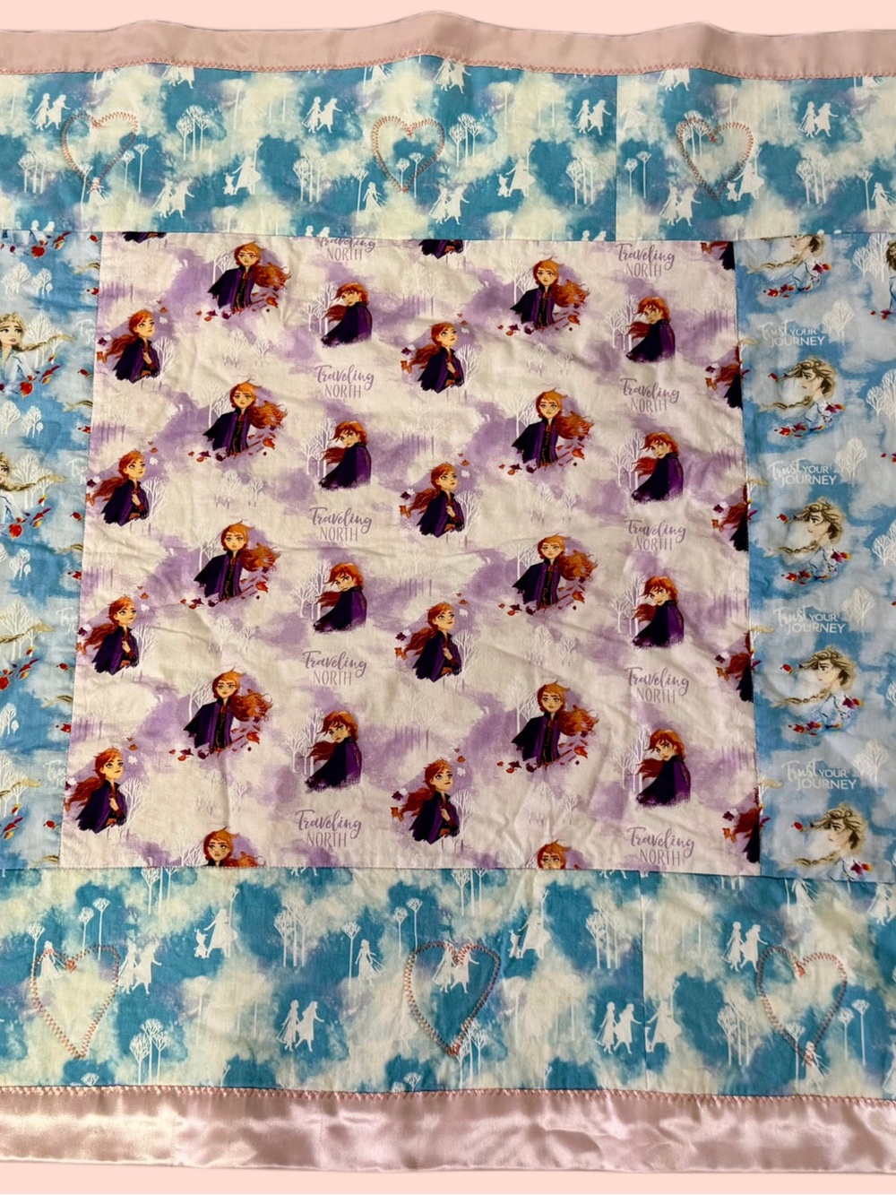 Disney Frozen Anna & Elsa Panel Baby Crib sized handmade quilt blanket.